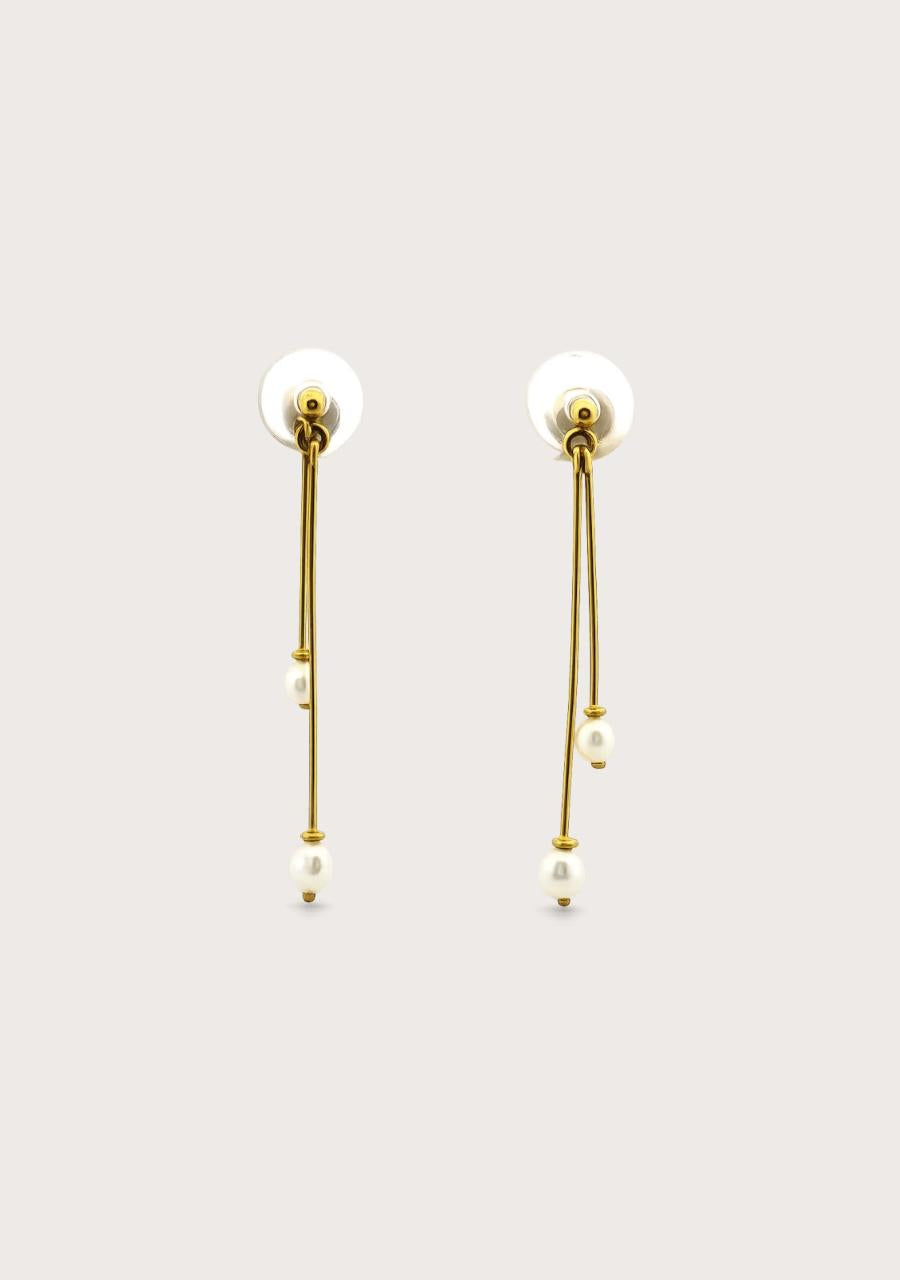 Estate 14ct Yellow Gold Drop Double Pearl Stud Earrings