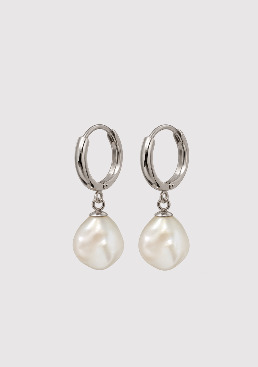 Sterling Silver 11-12mm White Semi Baroque Freshwater Pearl Hoop Earrings