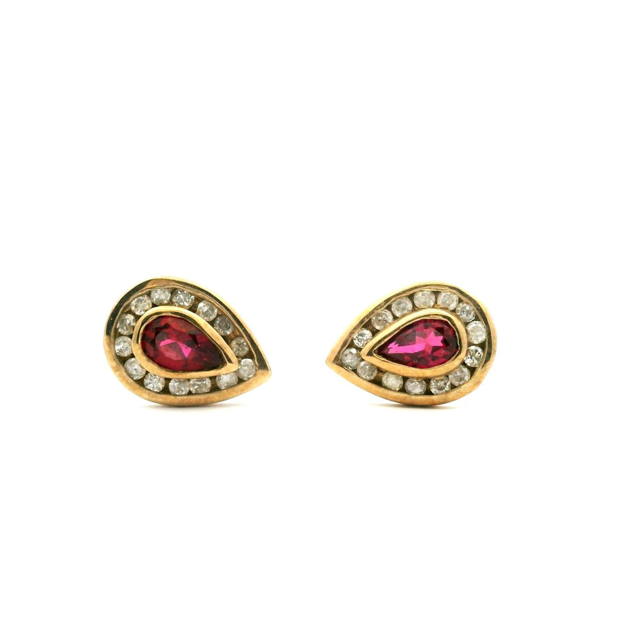 Estate 9ct Yellow Gold Synthetic Ruby & Diamond Halo Tear Drop Stud Earrings