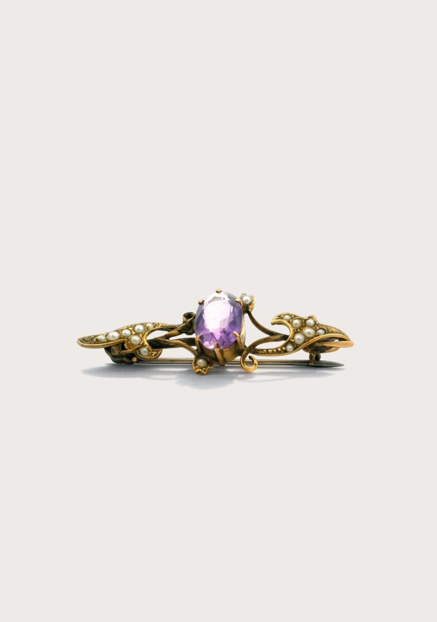 Estate 9ct Yellow Gold Amethyst & Seed Pearl Brooch
