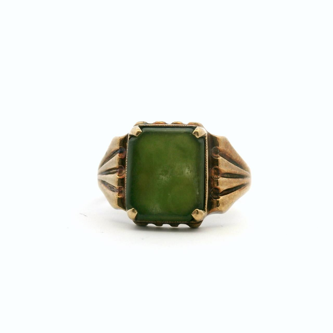 Estate 9ct Yellow Gold Green Stone Signet Ring