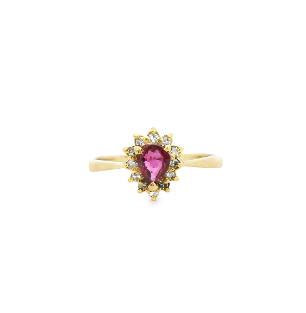 Estate 9ct Yellow Gold Synthetic Ruby and Diamond Pear Cluster Ring