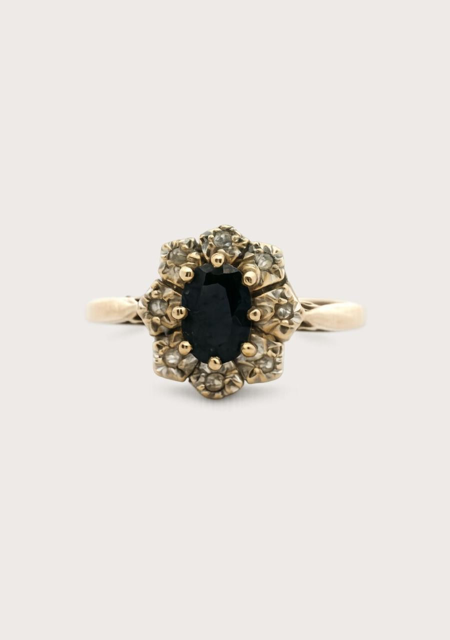 Estate 9ct Yellow Gold Sapphire & Diamond Cluster Ring