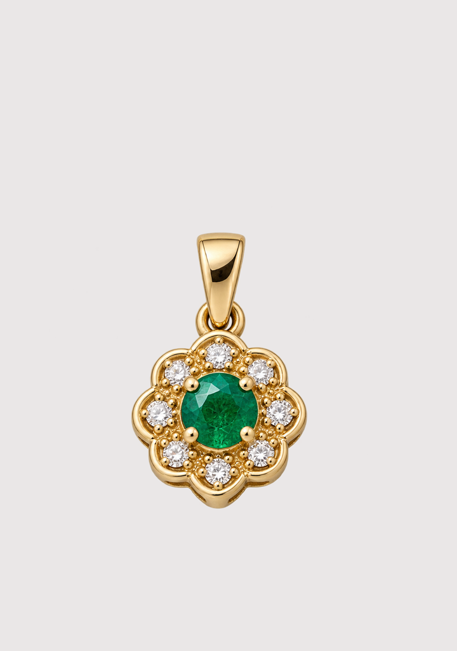 9ct Yellow Gold Emerald & Diamond Flower Pendant