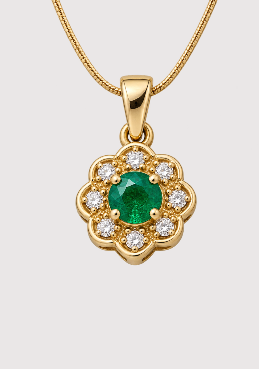 9ct Yellow Gold Emerald & Diamond Flower Pendant