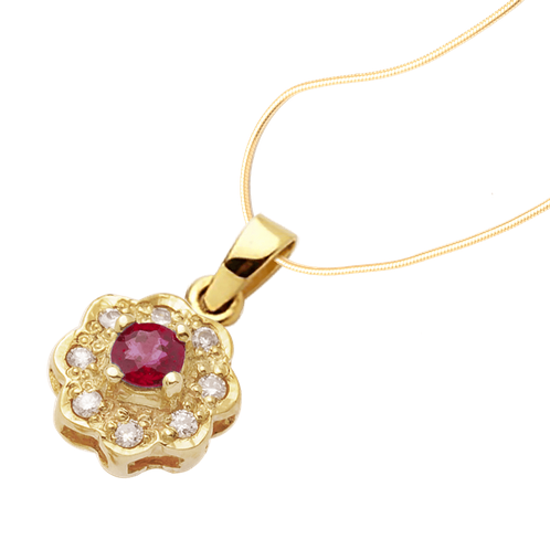 9ct Yellow Gold Ruby & Diamond Flower Pendant