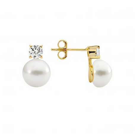Ellani Gold Plated 4mm Claw Set CZ with 8.5mm Freshwater Pearl Stud Earrings