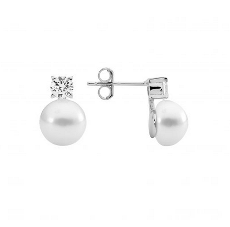 Ellani Sterling Silver 4mm Claw Set CZ with 8.5mm Freshwater Pearl Stud Earrings
