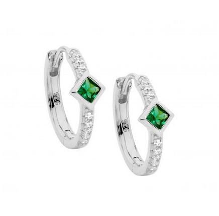 Ellani Sterling Silver CZ 16mm Hoop Earrings with Green Princess Cut Bezel Set CZ