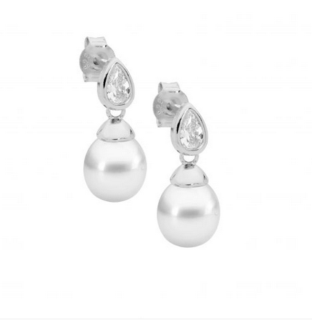 Ellani Sterling Silver Freshwater Pearl Earrings with Bezel Set Pear CZ