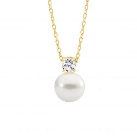 Ellani Gold Plated 9mm Freshwater Pearl with 4mm Claw Set CZ Pendant Necklace