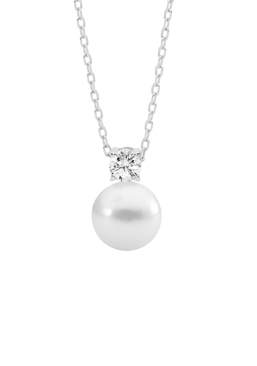 Ellani Sterling Silver 9mm Freshwater Pearl with 4mm Claw Set CZ Pendant Necklace