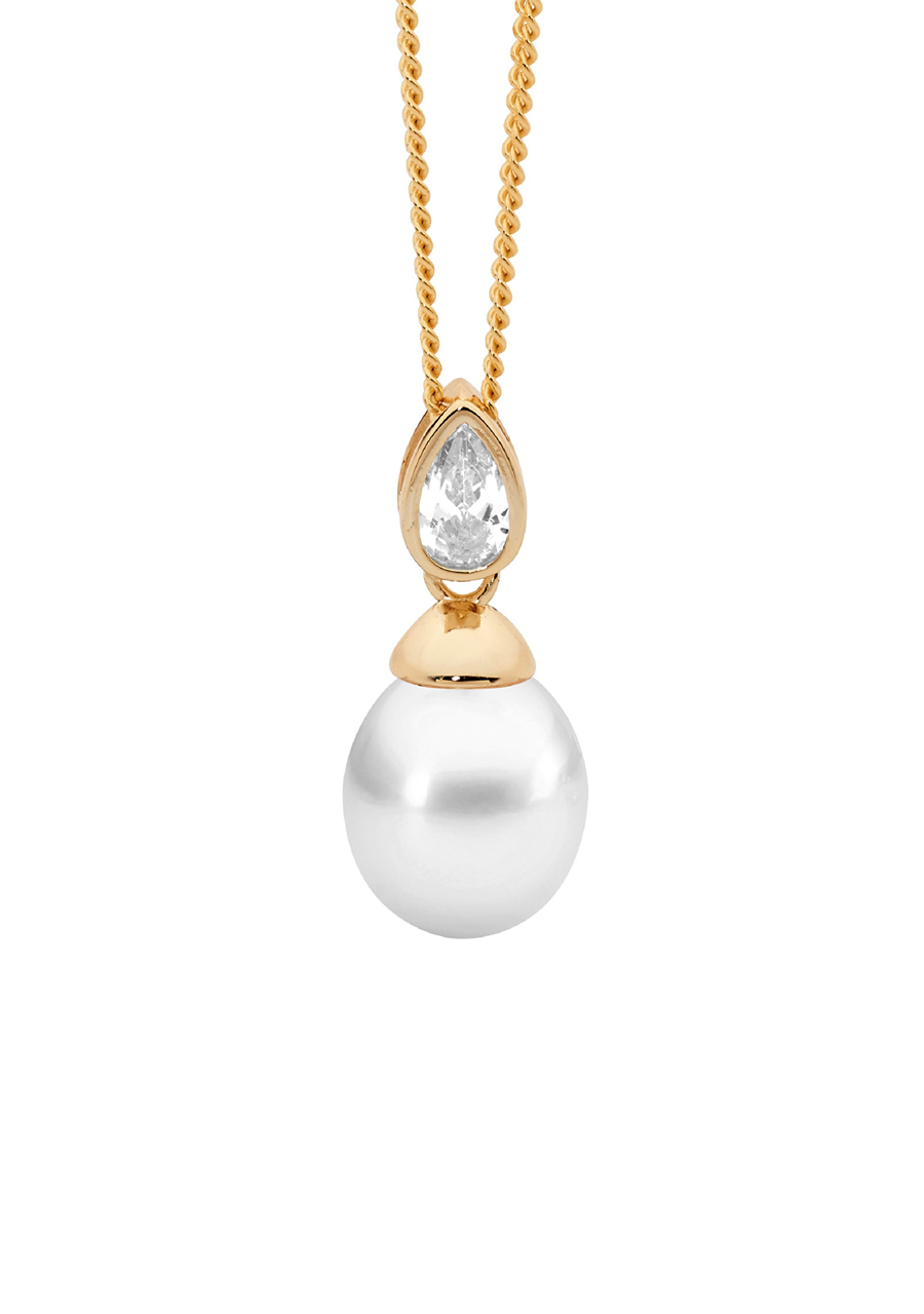 Ellani Gold Plated Freshwater Pearl Pendant with Bezel Set Pear CZ Pendant Necklace