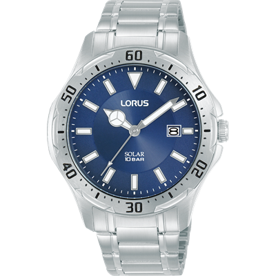 Lorus Stainless Steel Mens Sports Solar Watch with Blue Dial