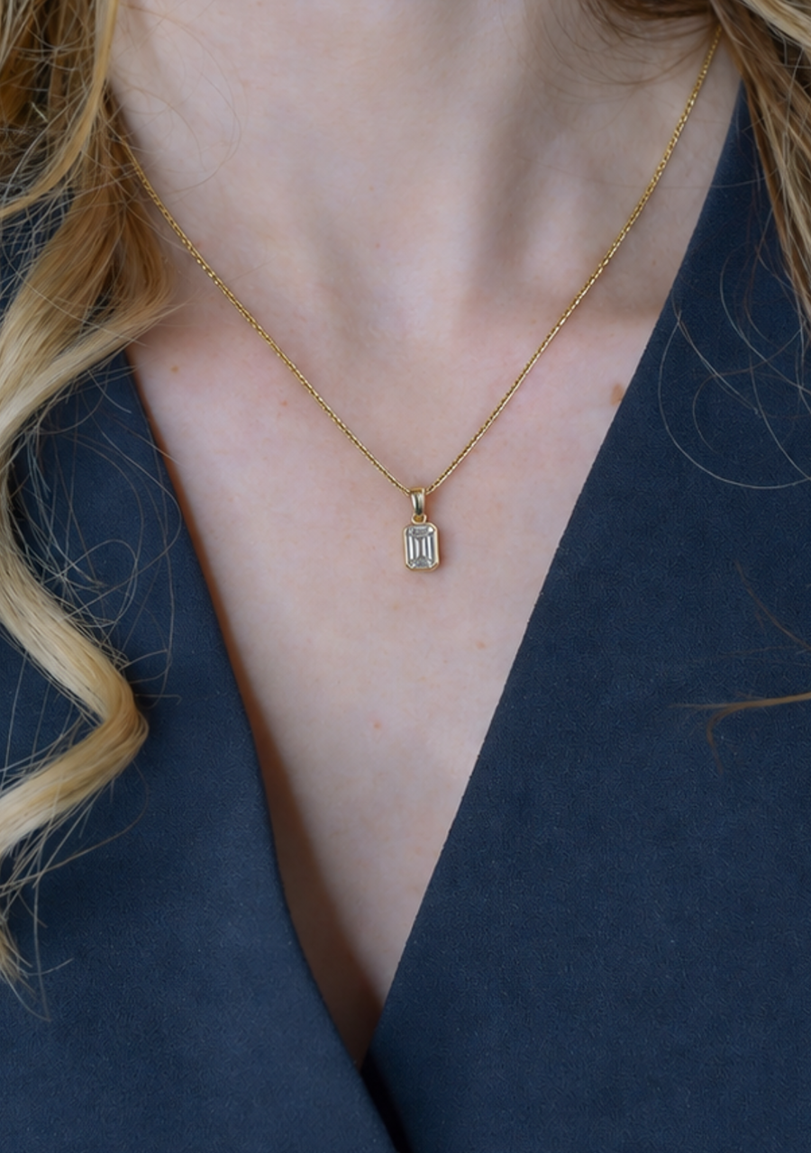 9ct Yellow Gold 0.50ct Emerald Cut Laboratory Grown Diamond Bezel Set Pendant