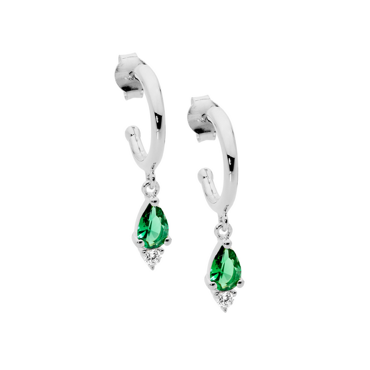 Ellani Sterling Silver 13mm Hoop Earrings with Green & Clear CZ