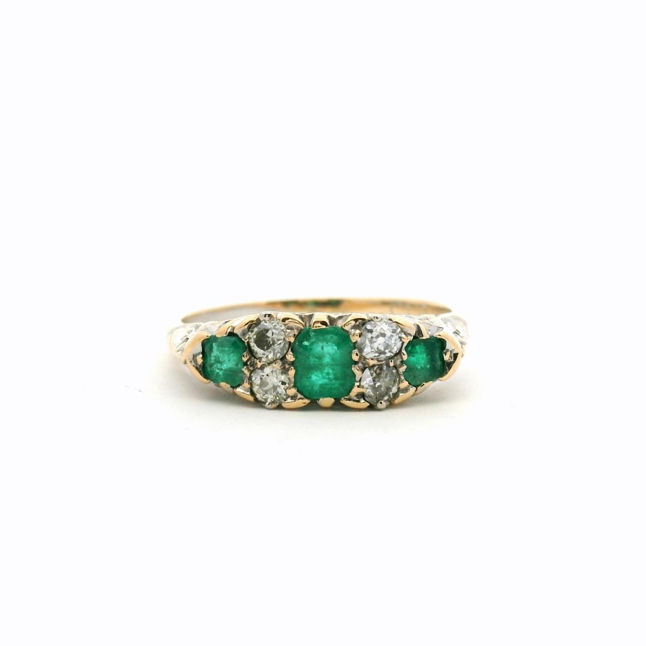 Estate 18ct Yellow Gold Emerald and Diamond Bridge Set Ring