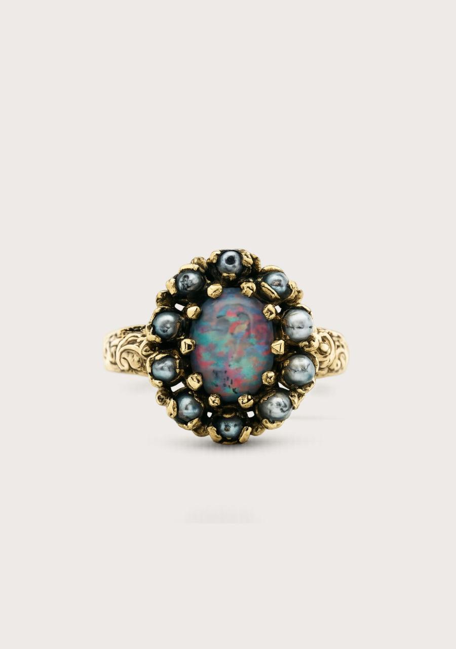 Estate 9ct Yellow Gold Triplet Opal and Pearl Cluster Ring