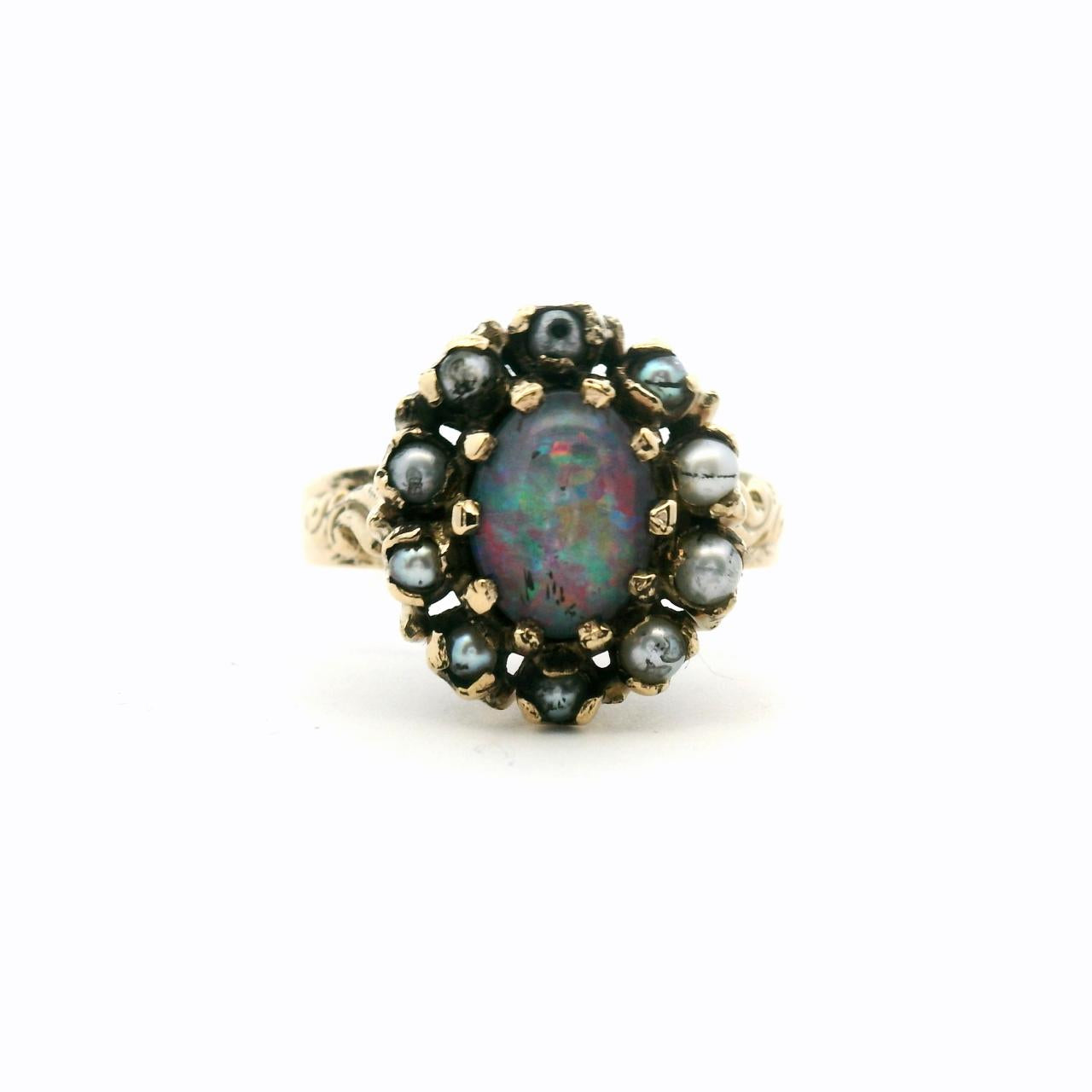 Estate 9ct Yellow Gold Triplet Opal and Pearl Cluster Ring