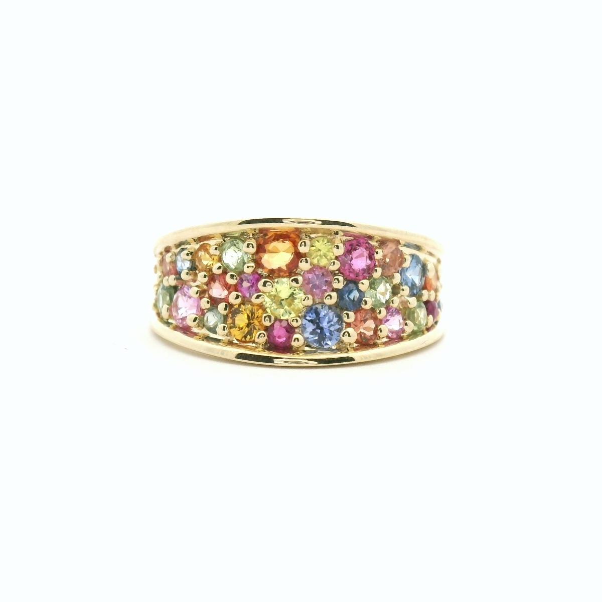 Multi Coloured Sapphire 9ct Yellow Gold Wide Concave Dress Ring