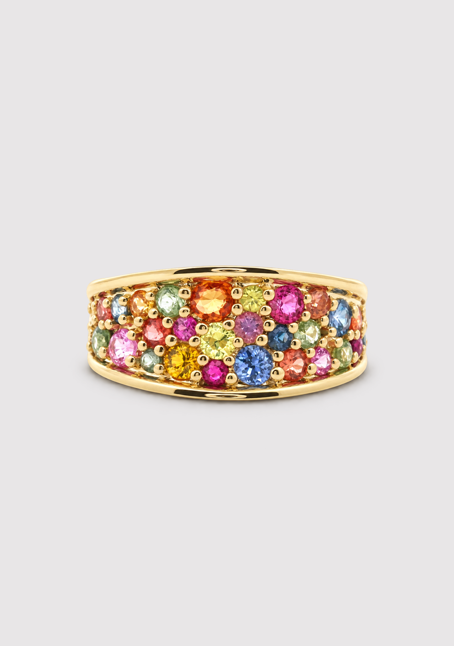 Multi Coloured Sapphire 9ct Yellow Gold Wide Concave Dress Ring