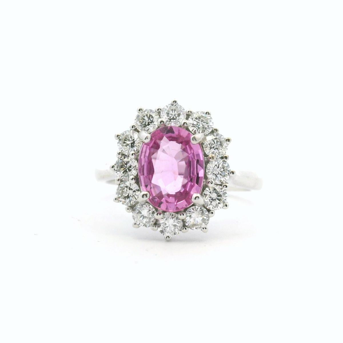 18ct White Gold Pink Ceylonese Sapphire and Diamond Oval Cluster Ring