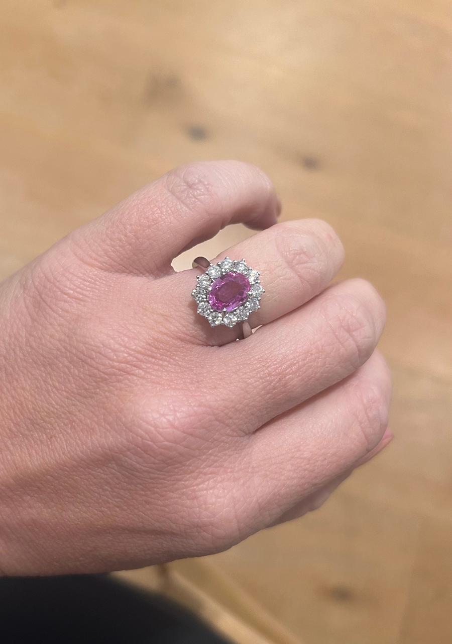 18ct white Gold Pink Ceylonese Sapphire and Diamond Oval Cluster Ring