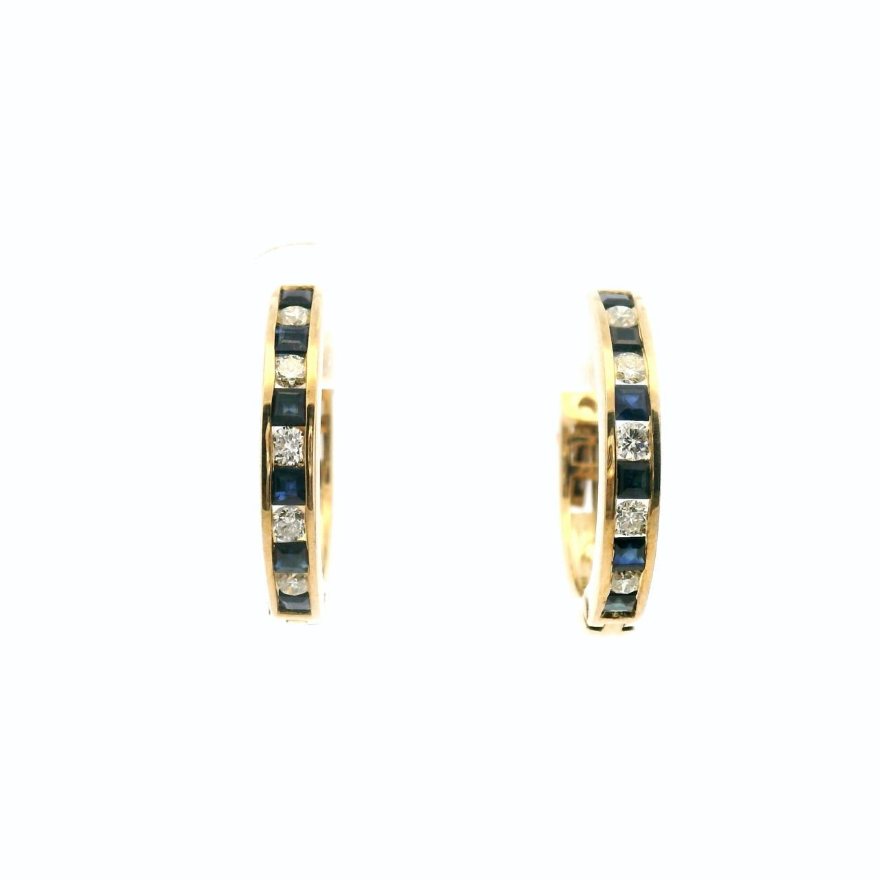 9ct Yellow Gold Channel Set Sapphire & Diamond Hoop Earrings