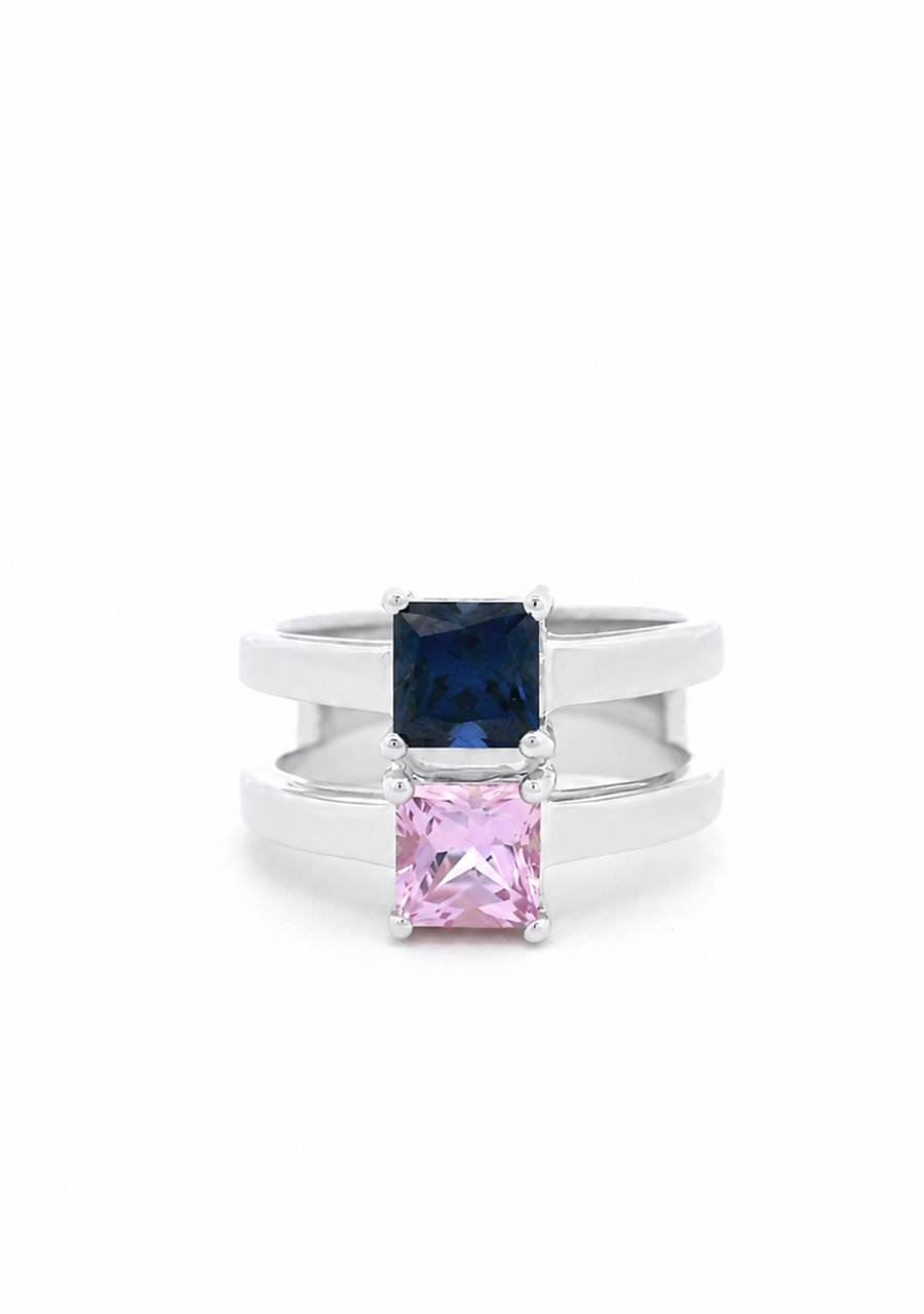 Sterling Silver Split Band Blue & Pink CZ Ring