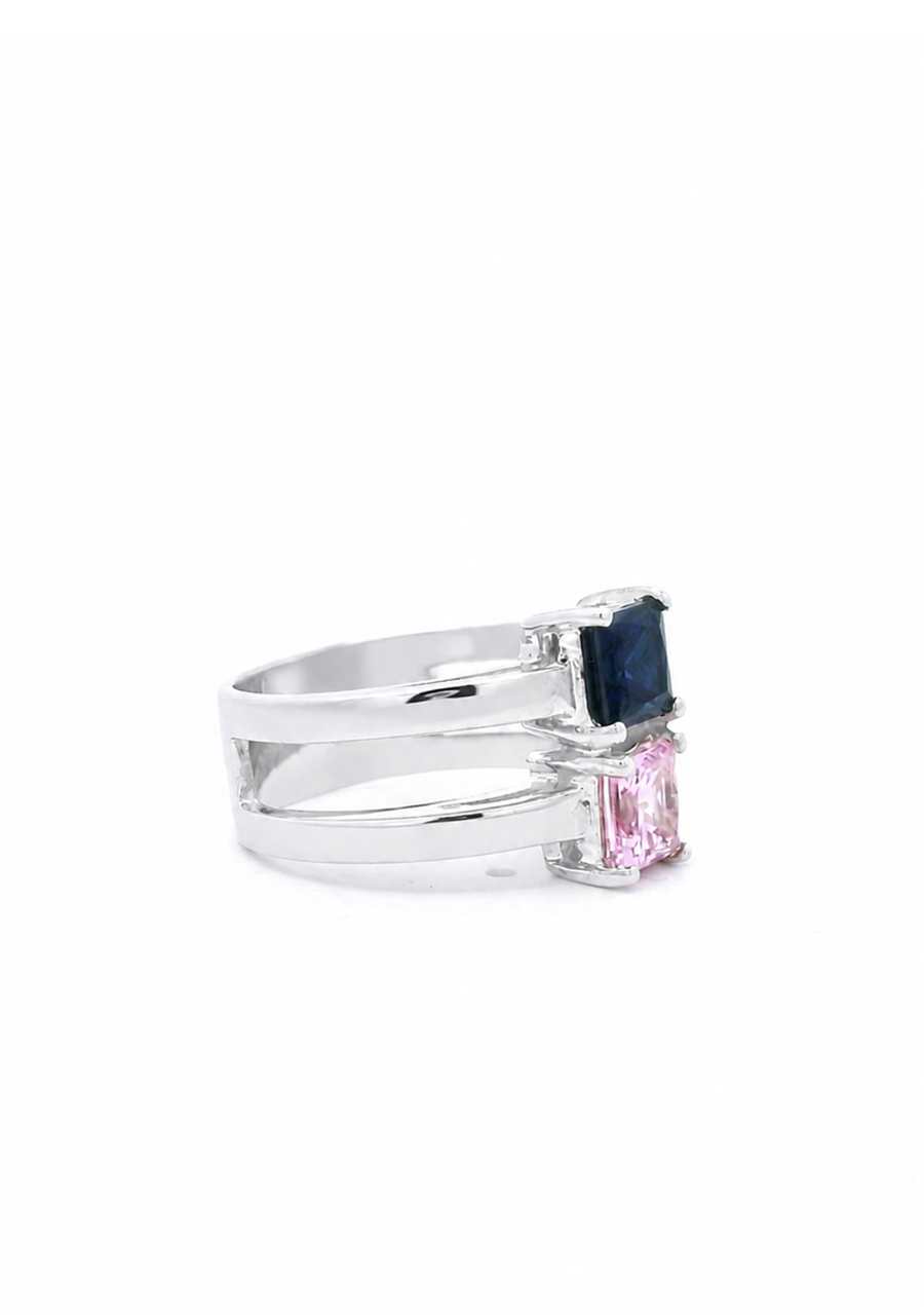 Sterling Silver Split Band Blue & Pink CZ Ring