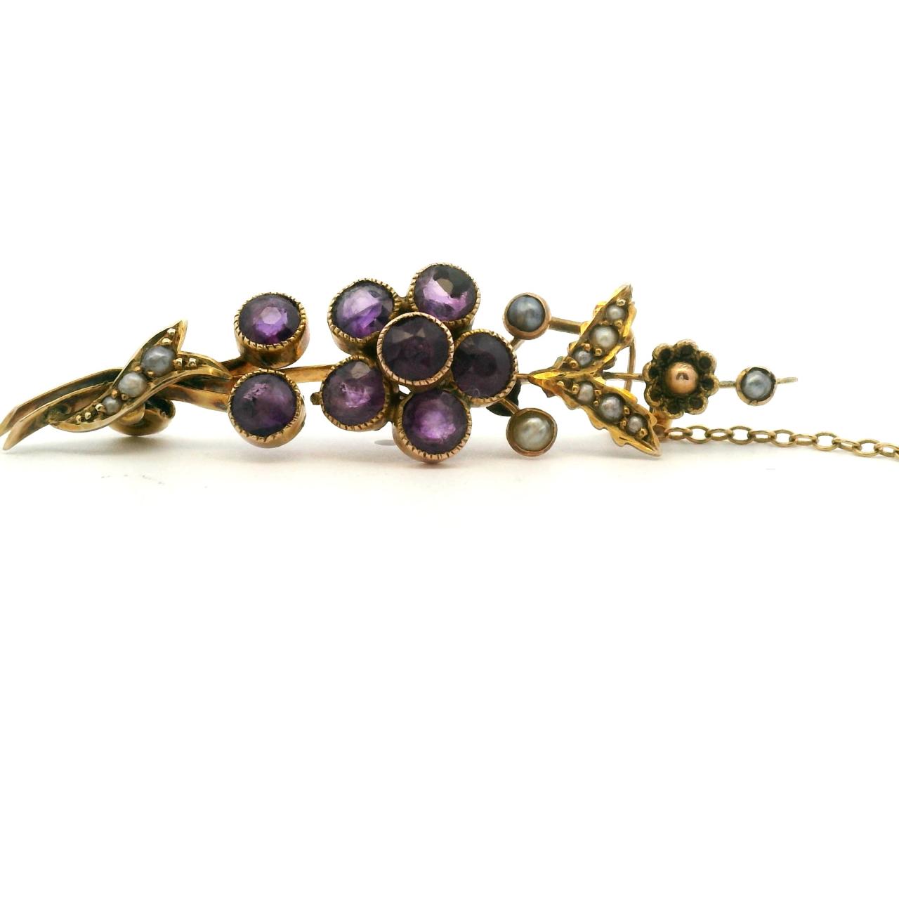 Estate 9ct Yellow Gold Amethyst and Pearl Brooch