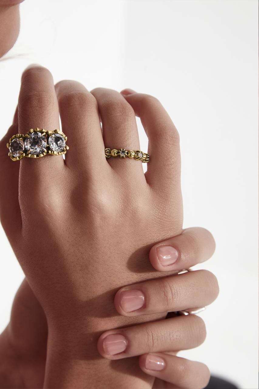 Stolen Girlfriends Club 18ct Gold Plated Mixed Orb Stacker Ring with Clear Topaz