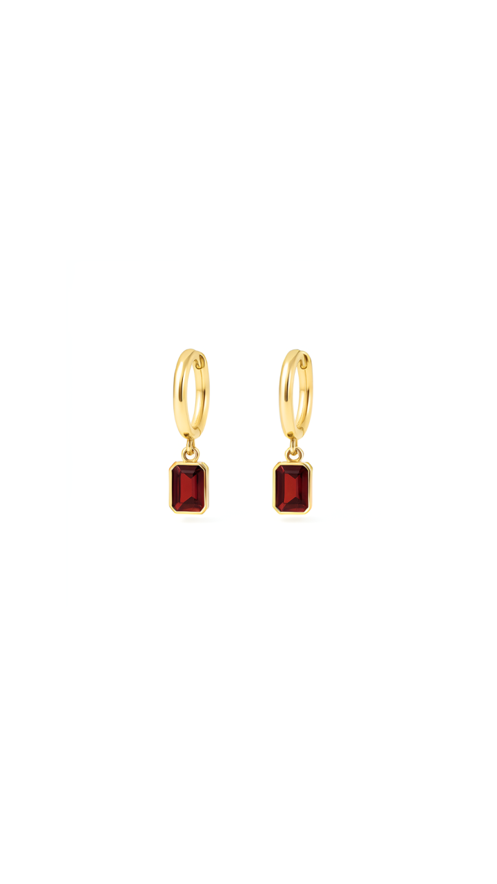 9ct Yellow Gold Garnet Drop Huggie Earrings