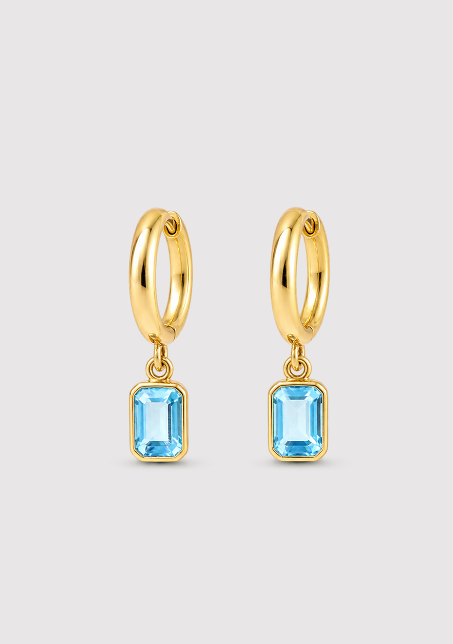 9ct Yellow Gold Blue Topaz Drop Huggie Earrings