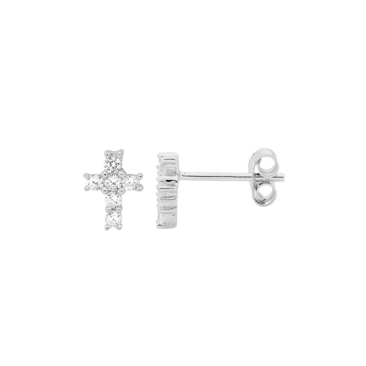Ellani Sterling Silver CZ Claw Set Small Cross Stud Earrings
