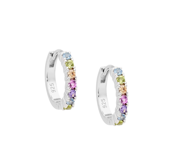 Ellani Sterling Silver Multi Coloured Pastel CZ 14mm Hoop Earrings