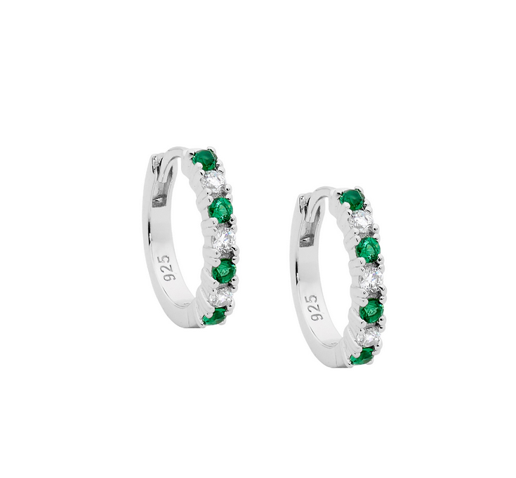 Ellani Sterling Silver 14mm Hoop Earrings with White & Green CZ