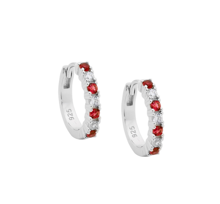 Ellani Sterling Silver 14mm Hoop Earrings with Red & White CZ