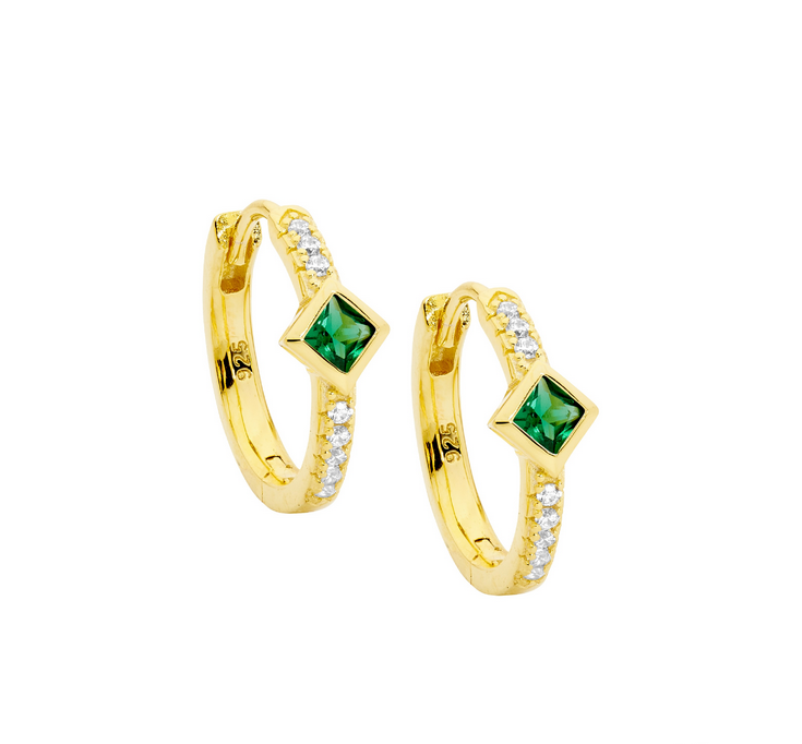 Ellani Gold Plated 16mm Hoop Earrings with Green Princess Cut CZ