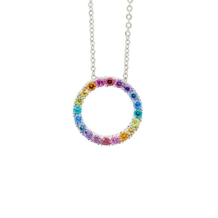 Ellani Sterling Silver Multi Coloured CZ 16mm Open Circle Pendant