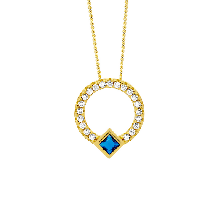 Ellani Gold Plated 13mm Open Circle Pendant with Blue Princess Cut Bezel Set CZ