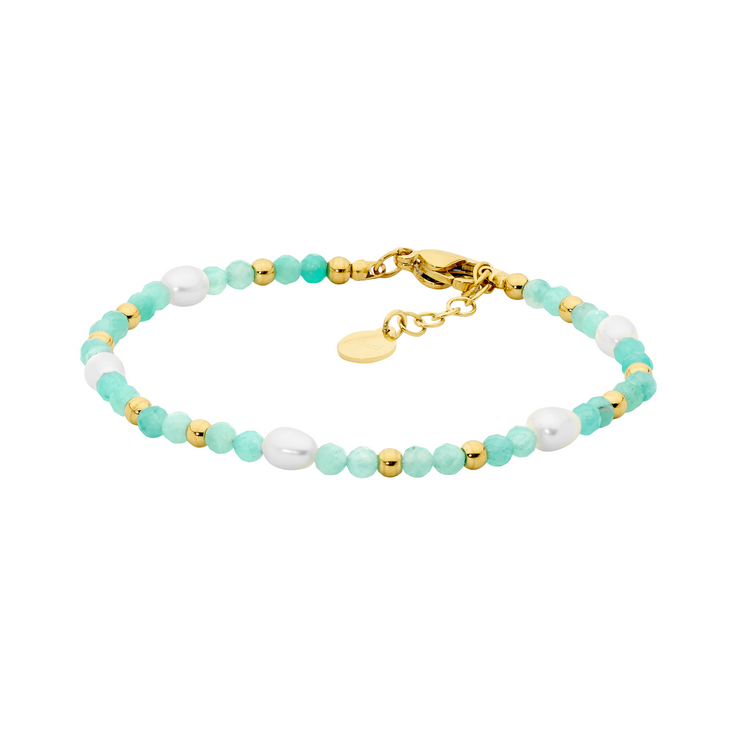 Ellani Stainless Steel Gold Plated Amazonite & Freshwater Pearl Bracelet