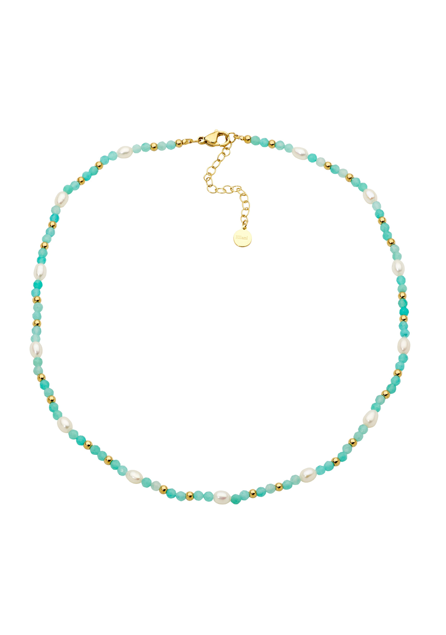 Ellani Stainless Steel Gold Plated Amazonite & Freshwater Pearl Necklace