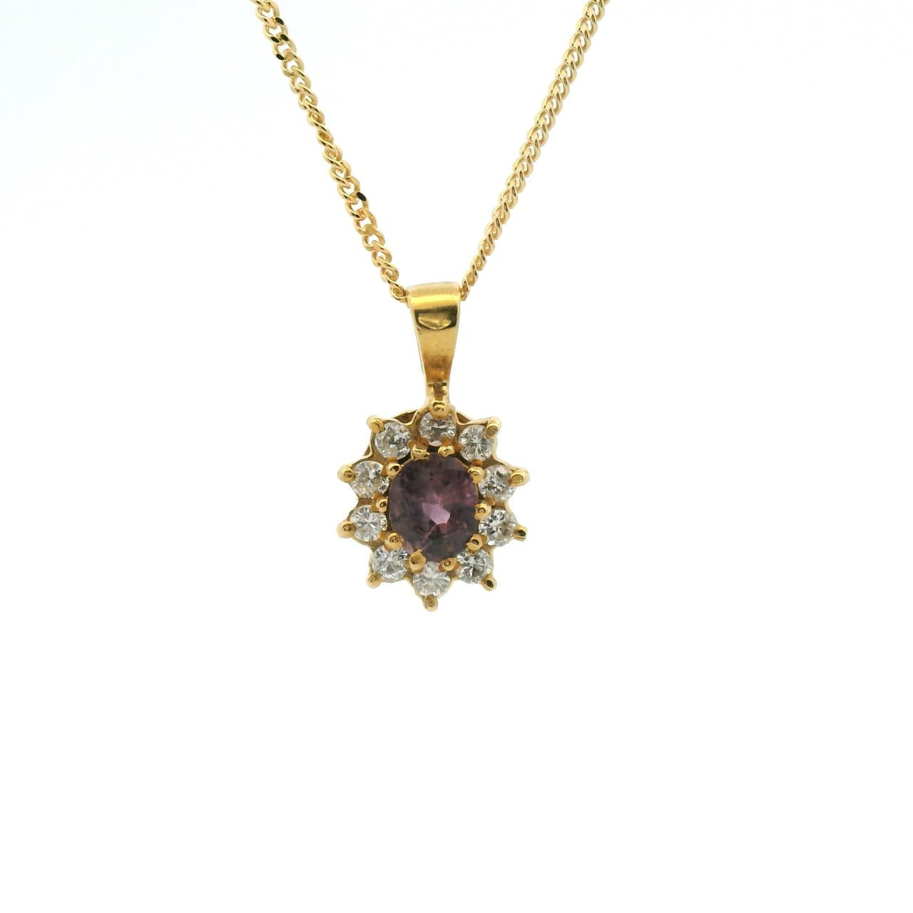 Pink Tourmaline & Diamond 18ct Yellow Gold Cluster Pendant