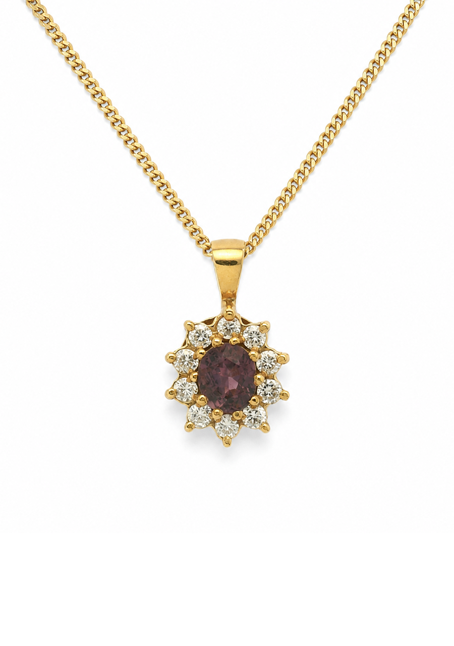 Pink Tourmaline & Diamond 18ct Yellow Gold Cluster Pendant