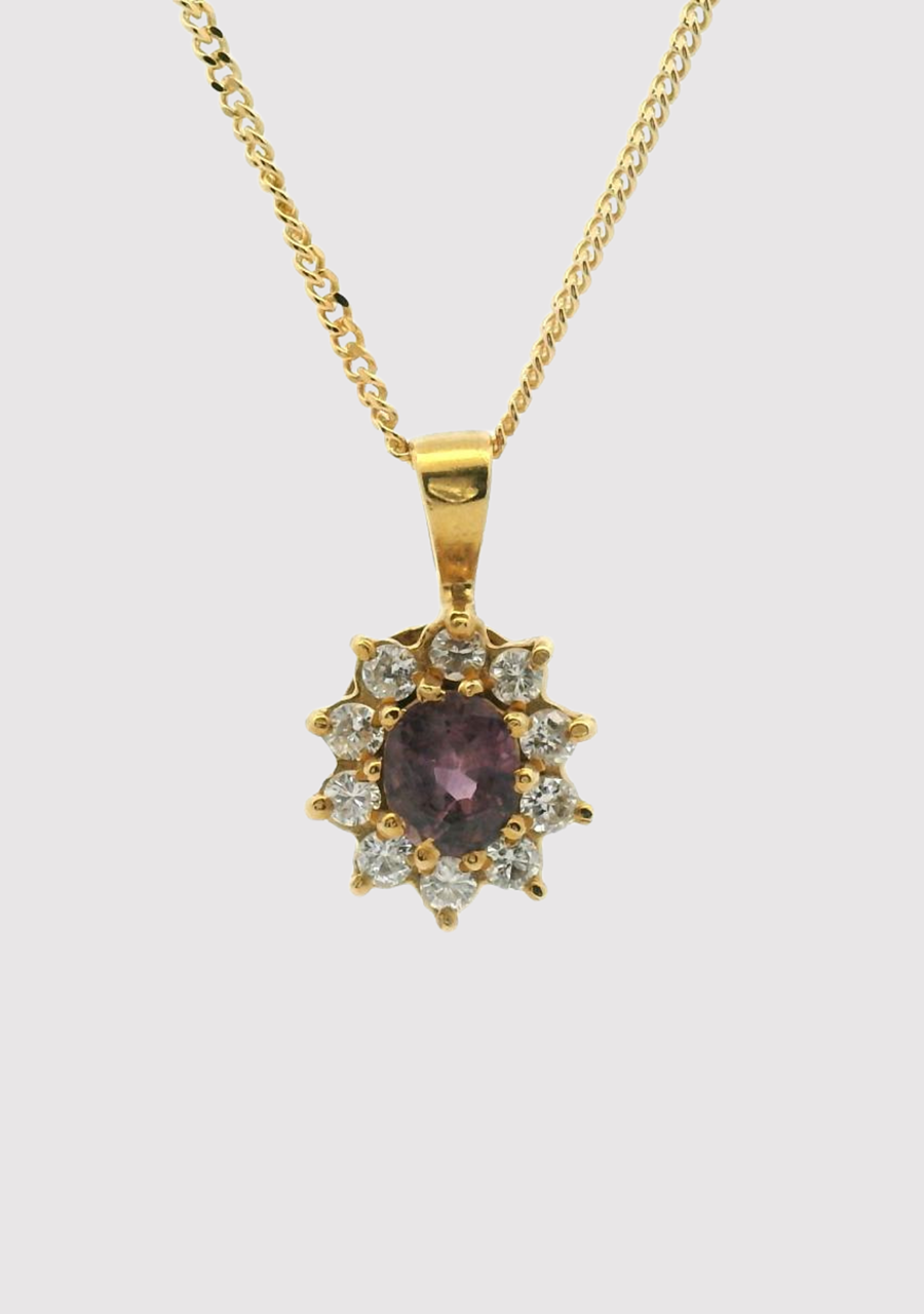 Pink Tourmaline & Diamond 18ct Yellow Gold Cluster Pendant