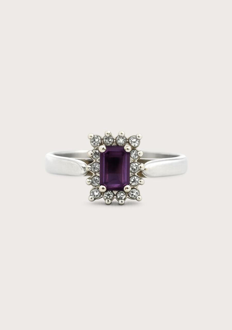 Estate 9ct White Gold Amethyst & Diamond Cluster Ring