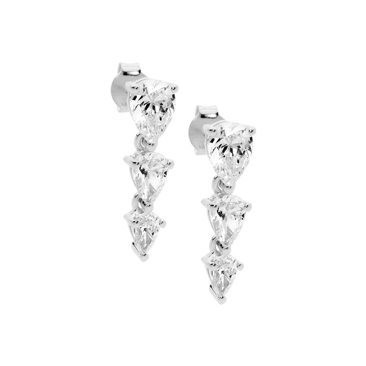 Ellani Sterling Silver 3 Pear CZ Drop Earrings