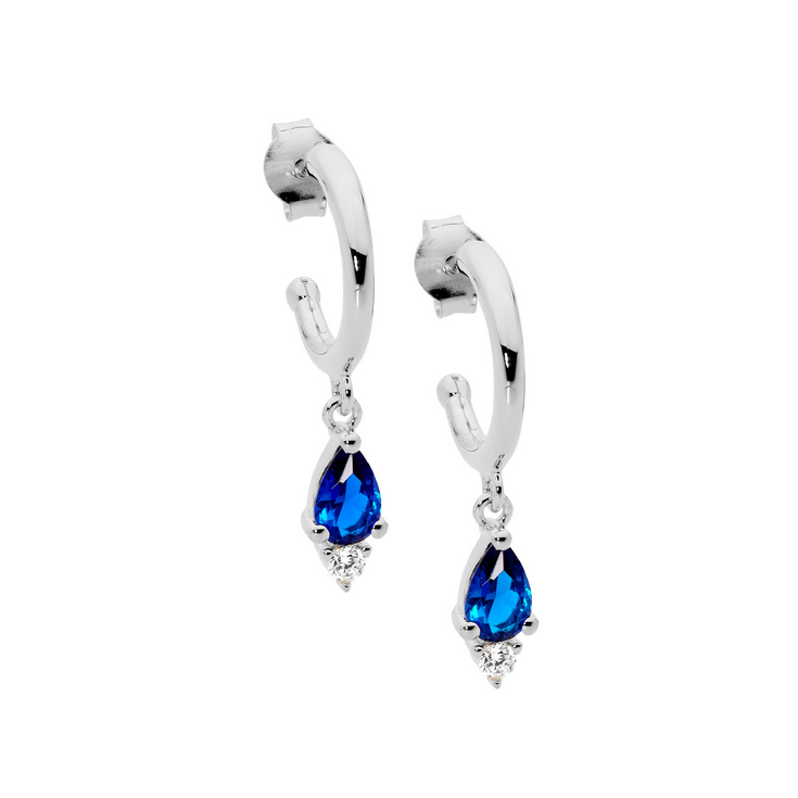 Ellani Sterling Silver 13mm Hoop Earrings with Dark Blue Pear & White Round CZ Drops