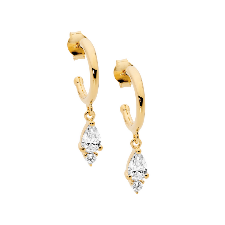 Ellani Gold Plated 13mm Hoop Earrings with Pear & Round CZ Drops